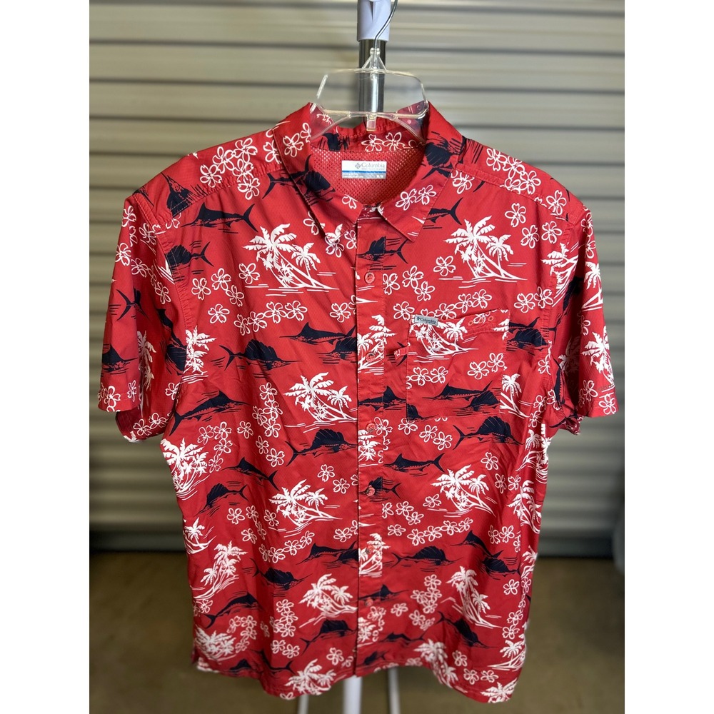 Columbia Shirt Mens M Red PFG Super Tamiami Tropical Marlin Button Down SS Omni